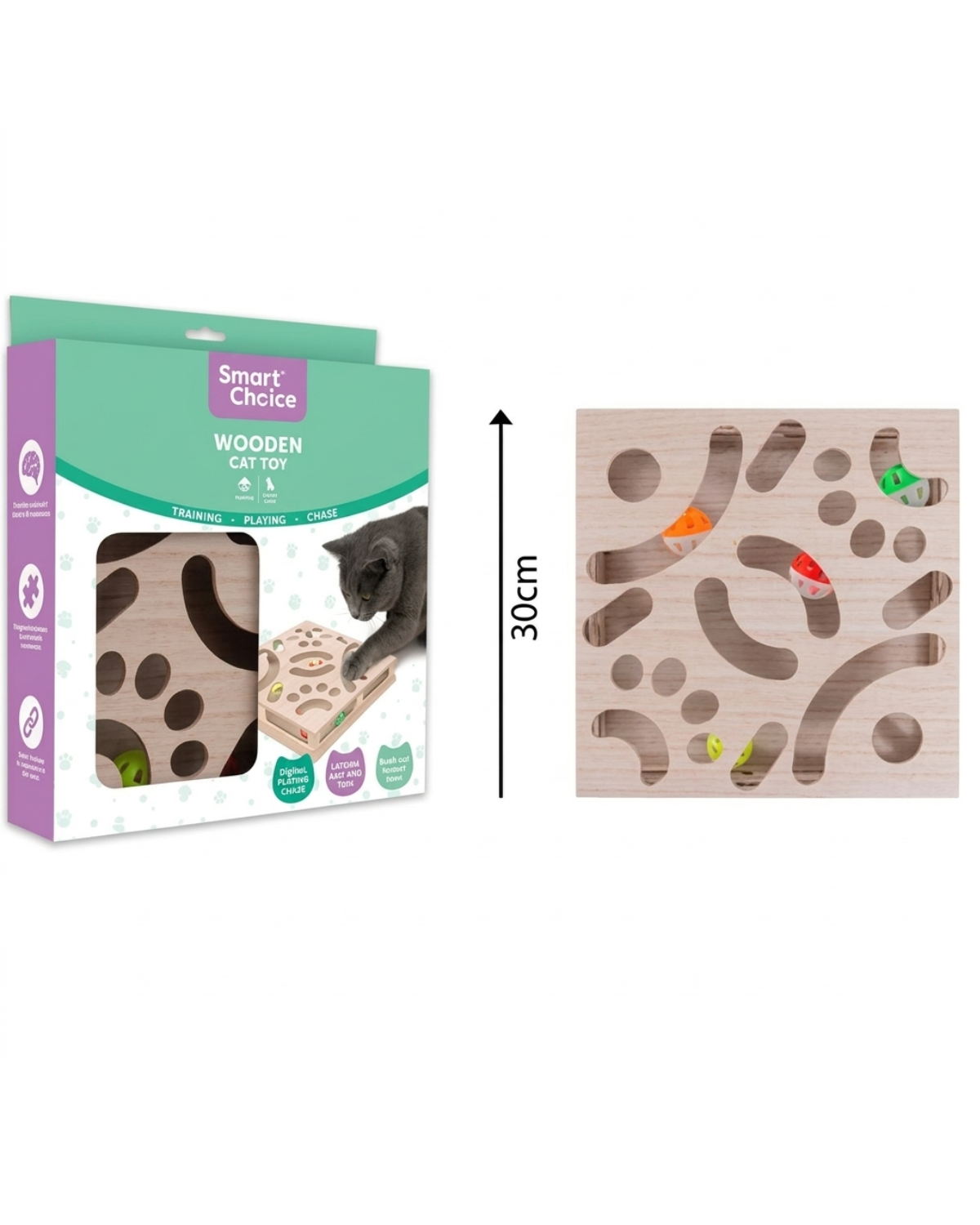 Smart Choice Interactive Wooden Puzzle Box with Jingle Ball Cat Toy (30cm x 30cm)